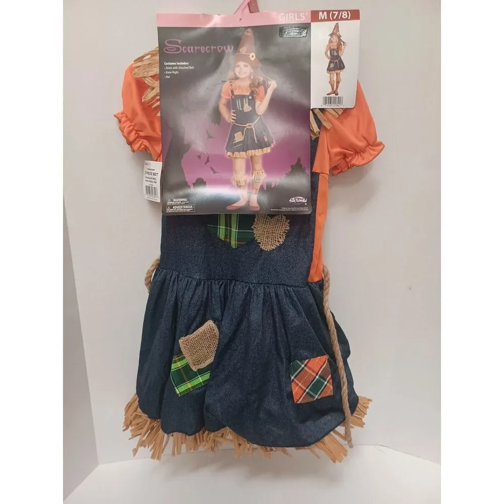 NWT Scarecrow Girls Medium‎ 7-8 Halloween Costume Dress W/Belt Hat Knee Highs Oz